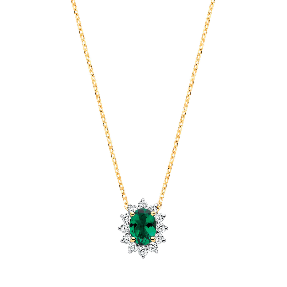 9ct Yellow Gold Oval Lab Emerald and Diamond Halo Cluster Pendant
