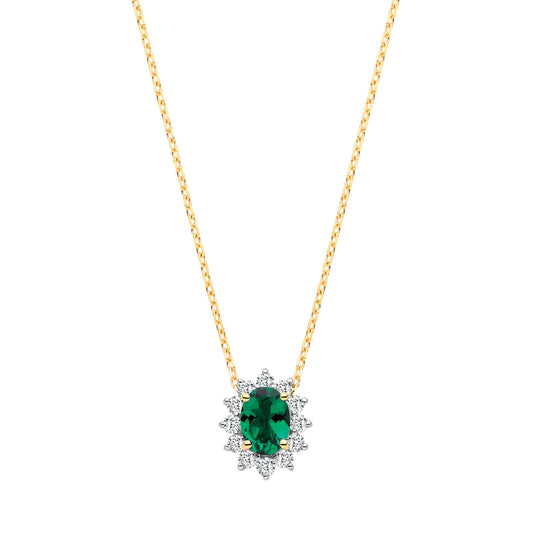 9ct Yellow Gold Oval Lab Grown Emerald and Diamond Halo Cluster Pendant