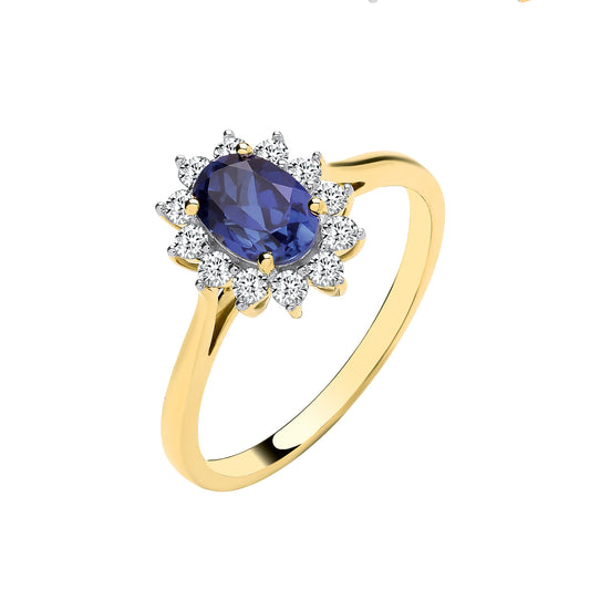 9ct Yellow Gold Oval Lab Grown Sapphire and Diamond Halo Cluster Ring
