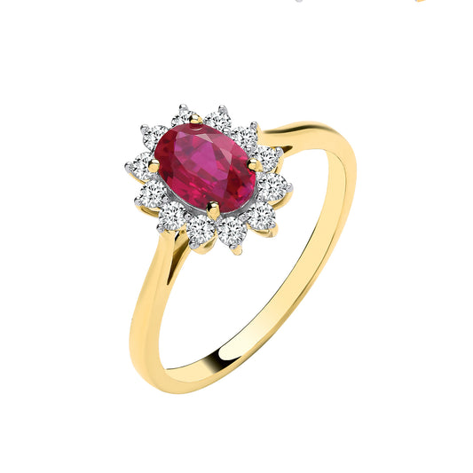 9ct Yellow Gold Oval Lab Grown Ruby and Diamond Halo Cluster Ring