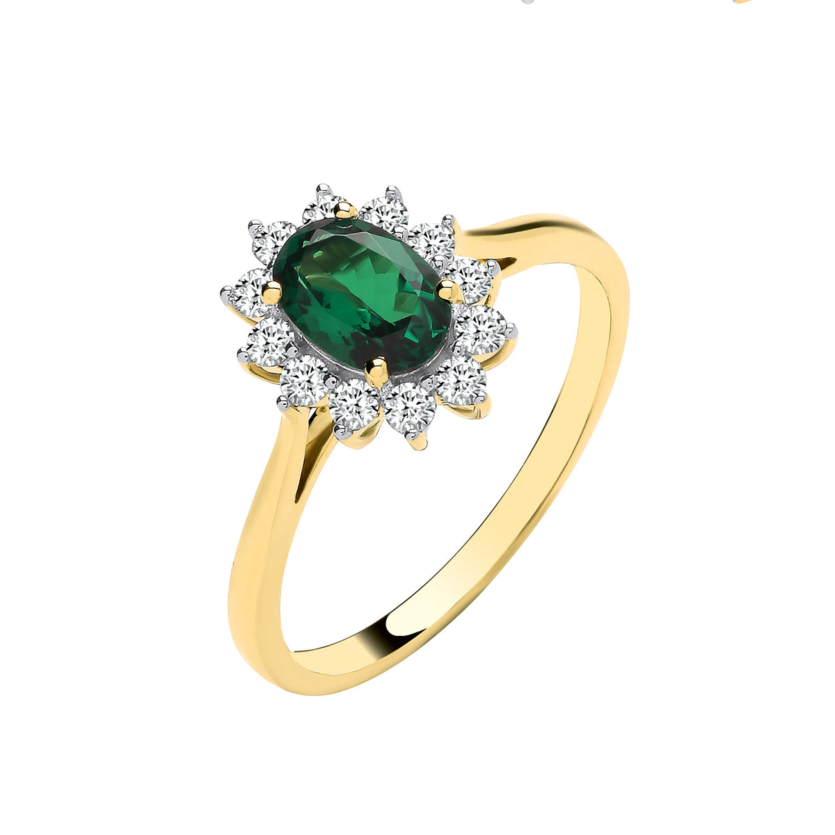 9ct Yellow Gold Oval Lab Emerald and Diamond Halo Cluster Ring