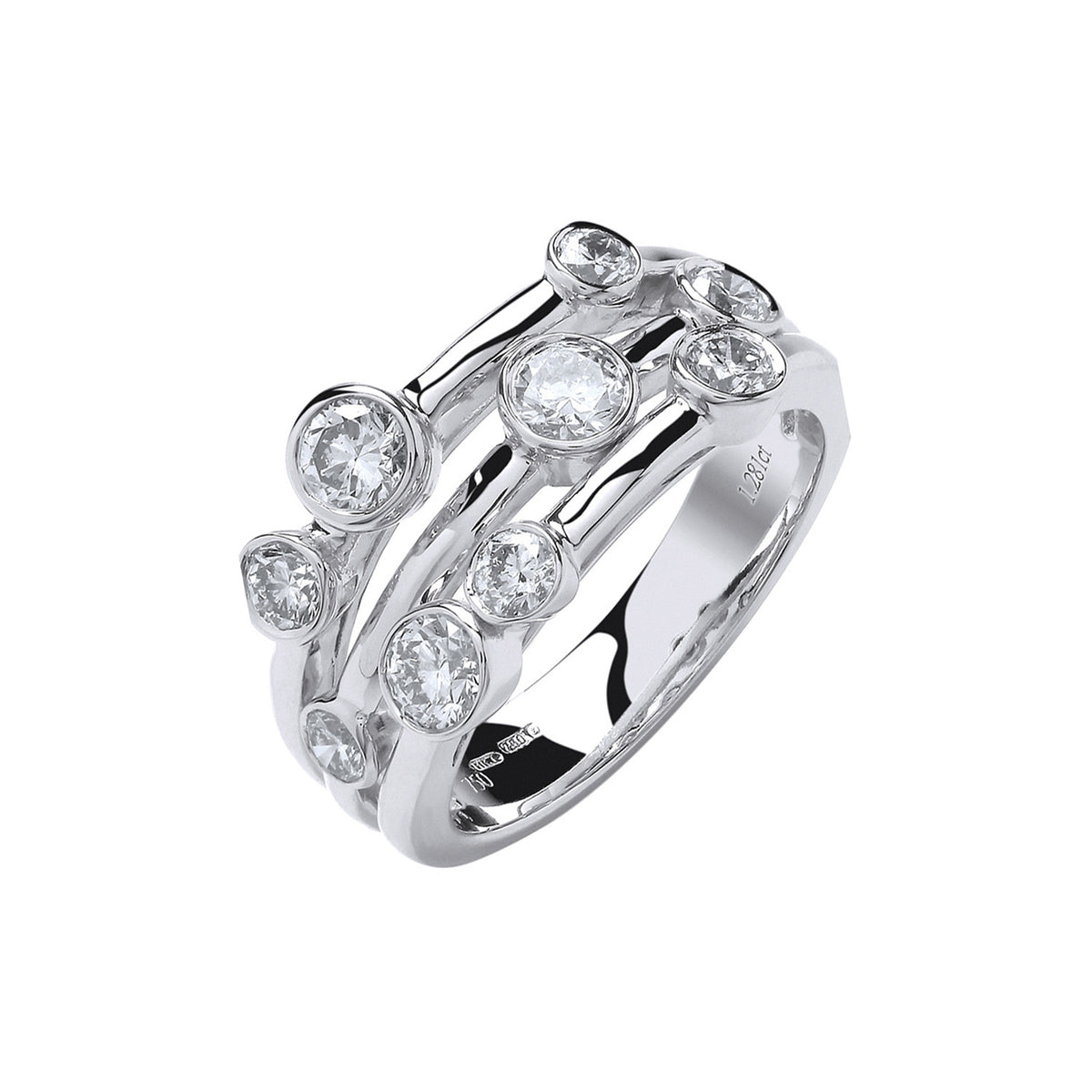 18ct White Gold Three Row Natural Diamond Bubble Ring — 1.30ct