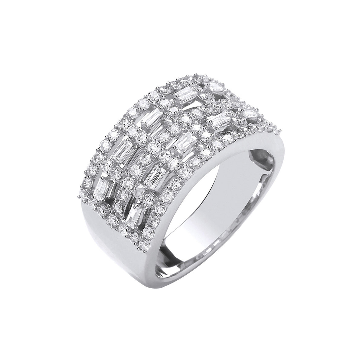 18ct White Gold Baguette & Round Natural Diamond Cocktail Ring