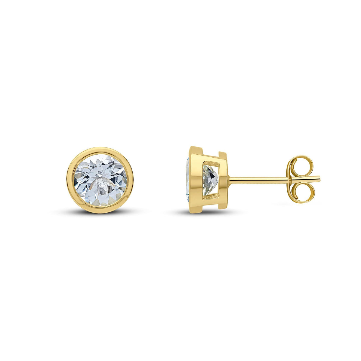9ct Yellow Gold Round Natural Aquamarine Rubover Stud Earrings — 6mm