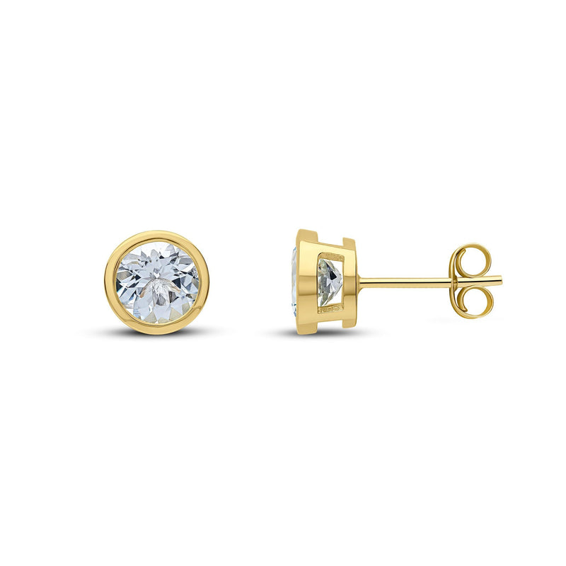 9ct Yellow Gold Round Natural Aquamarine Rubover Stud Earrings — 6mm