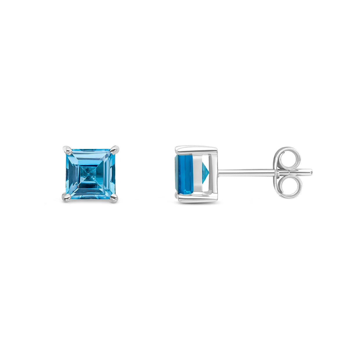 9ct White Gold Square Natural Swiss Blue Topaz Claw Stud Earrings — 5mm