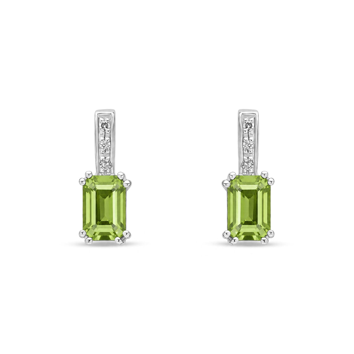 9ct White Gold Octagonal Natural Peridot & Diamond Drop Earrings — 6x4mm