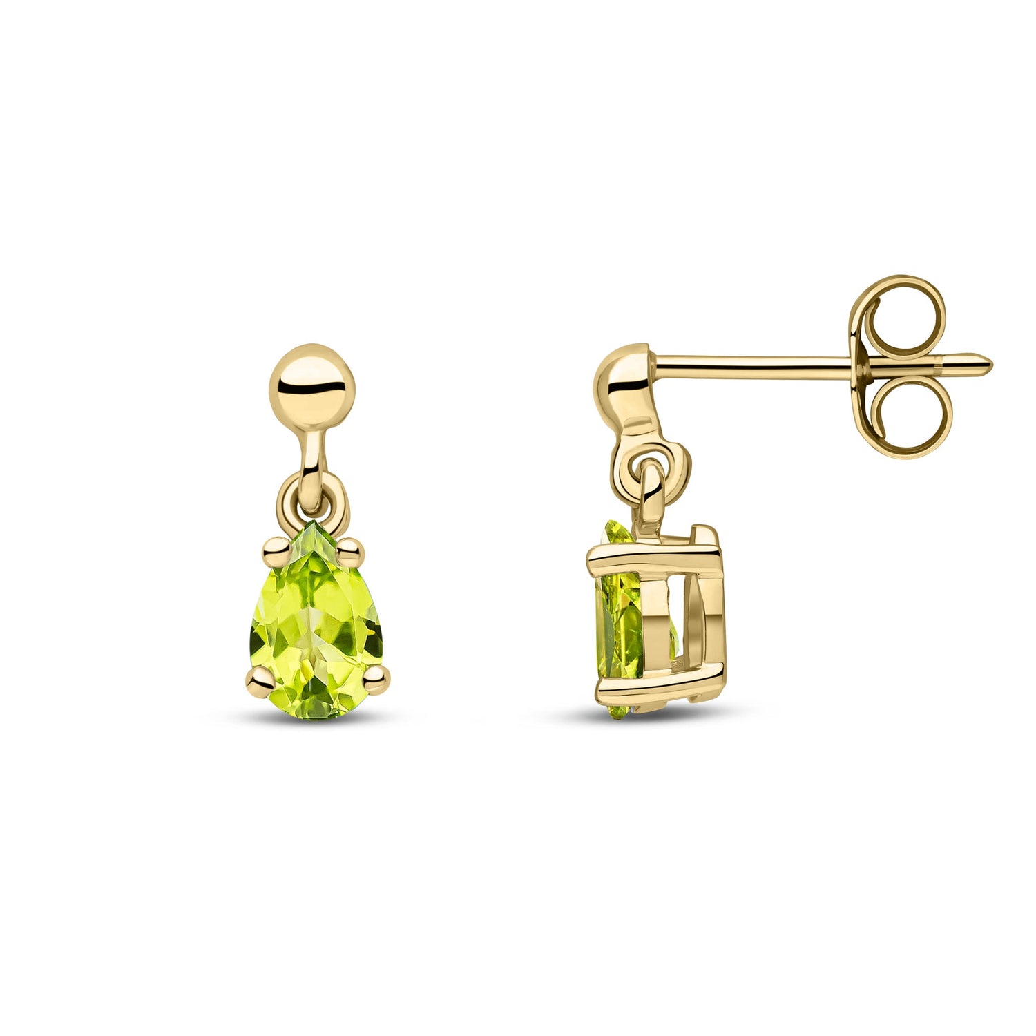 9ct Yellow Gold Pear Shaped Natural Peridot Claw Drop Earrings with Bead Tops — 6x4mm