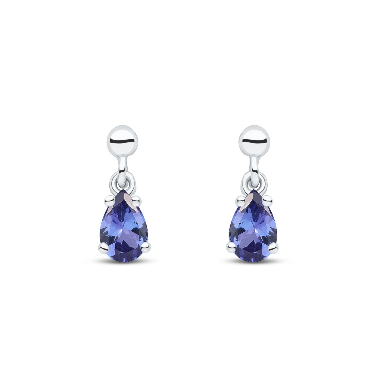 9ct White Gold Pear Shaped Natural Tanzanite Claw Drop Earrings with Bead Tops — 6x4mm
