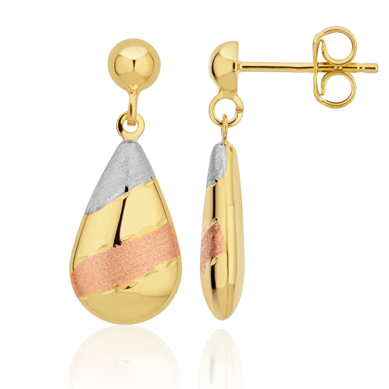9ct Three Tone Yellow, White And Rose Gold Flat Polished and Satin Striped Drop Earrings – 22x8.5mm