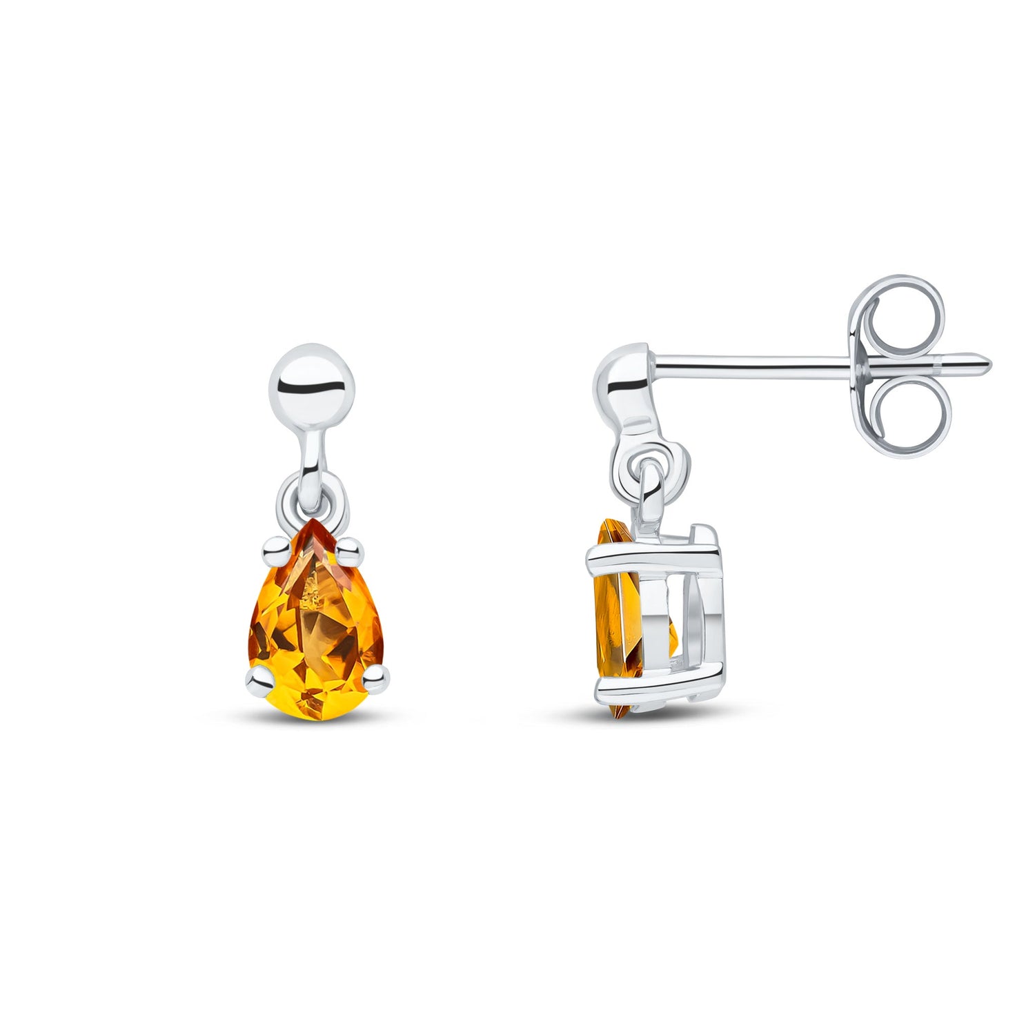 9ct White Gold Pear Shaped Natural Citrine Claw Drop Earrings with Bead Tops — 6x4mm