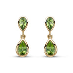 9ct Yellow Gold Pear Shaped Natural Peridot Two Stone Rubover Drop Earrings