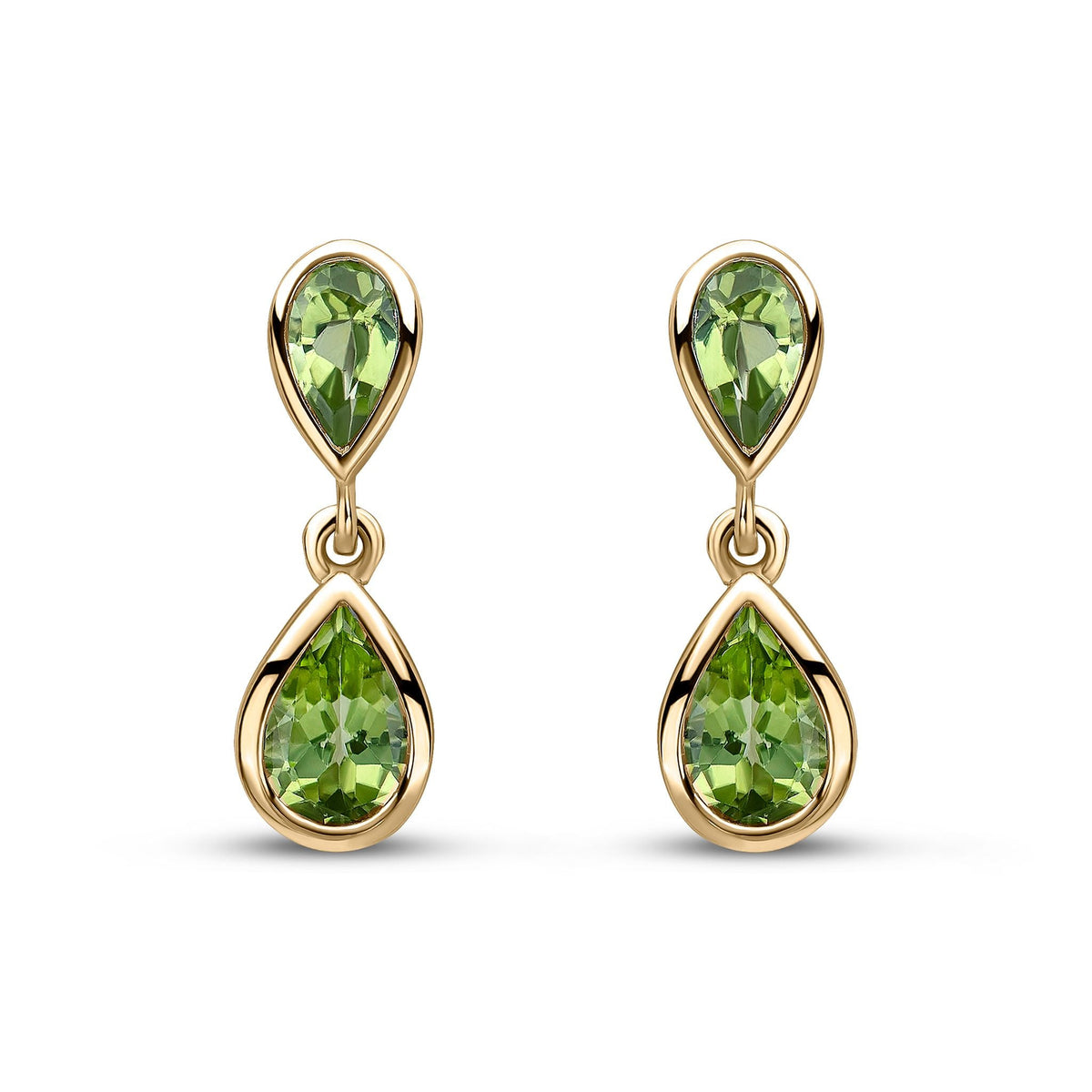 9ct Yellow Gold Pear Shaped Natural Peridot Two Stone Rubover Drop Earrings