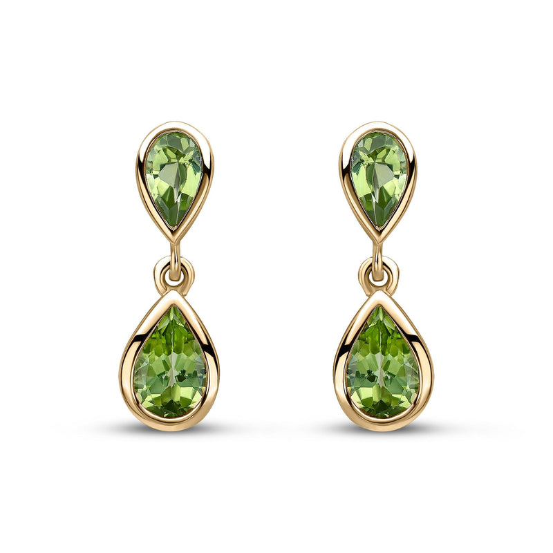 9ct Yellow Gold Pear Shaped Natural Peridot Two Stone Rubover Drop Earrings