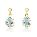 9ct Yellow Gold Pear Shaped Natural Aquamarine Rubover Drop Earrings — 7x5mm