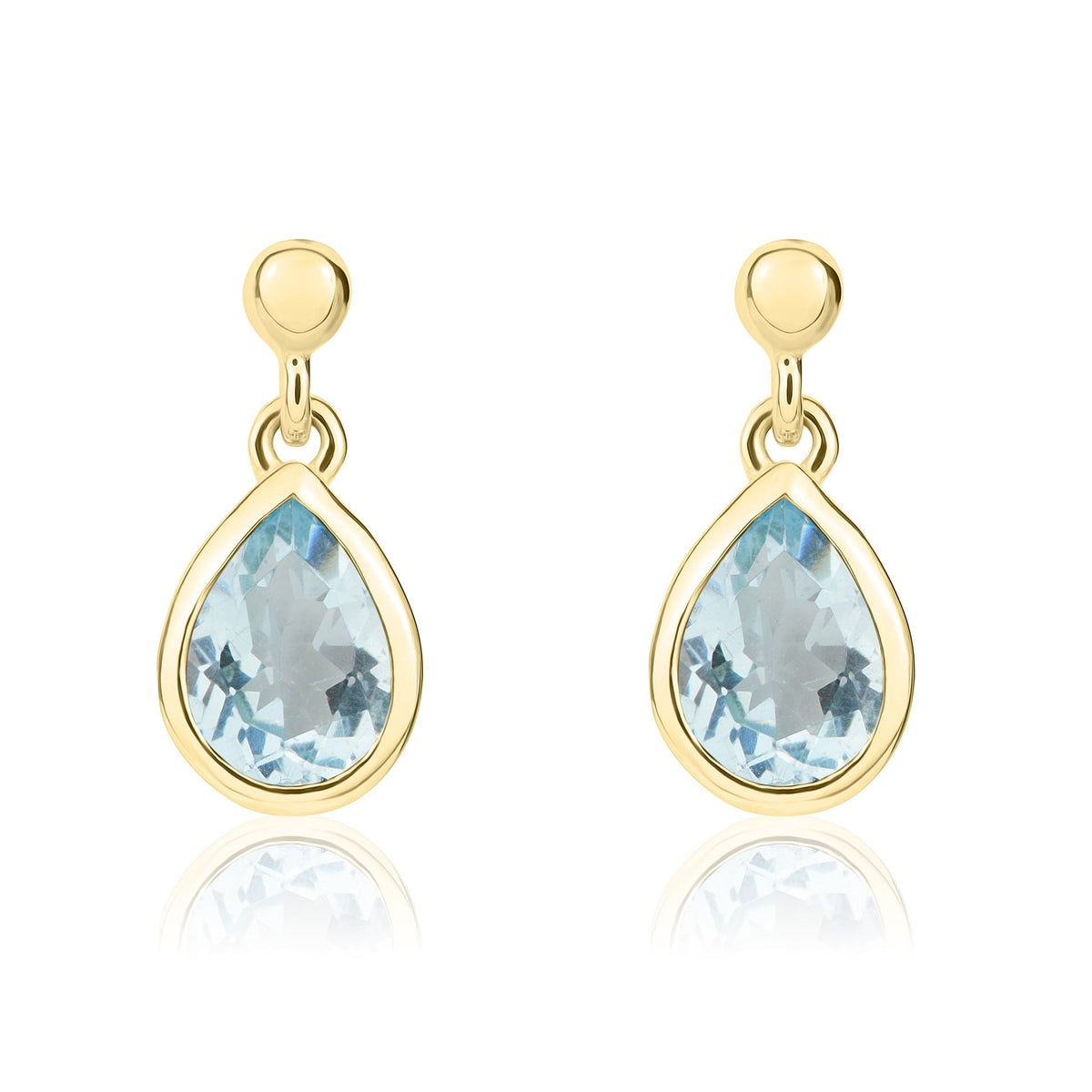 9ct Yellow Gold Pear Shaped Natural Aquamarine Rubover Drop Earrings — 7x5mm