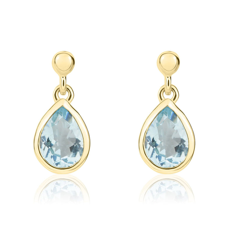 9ct Yellow Gold Pear Shaped Natural Aquamarine Rubover Drop Earrings — 7x5mm