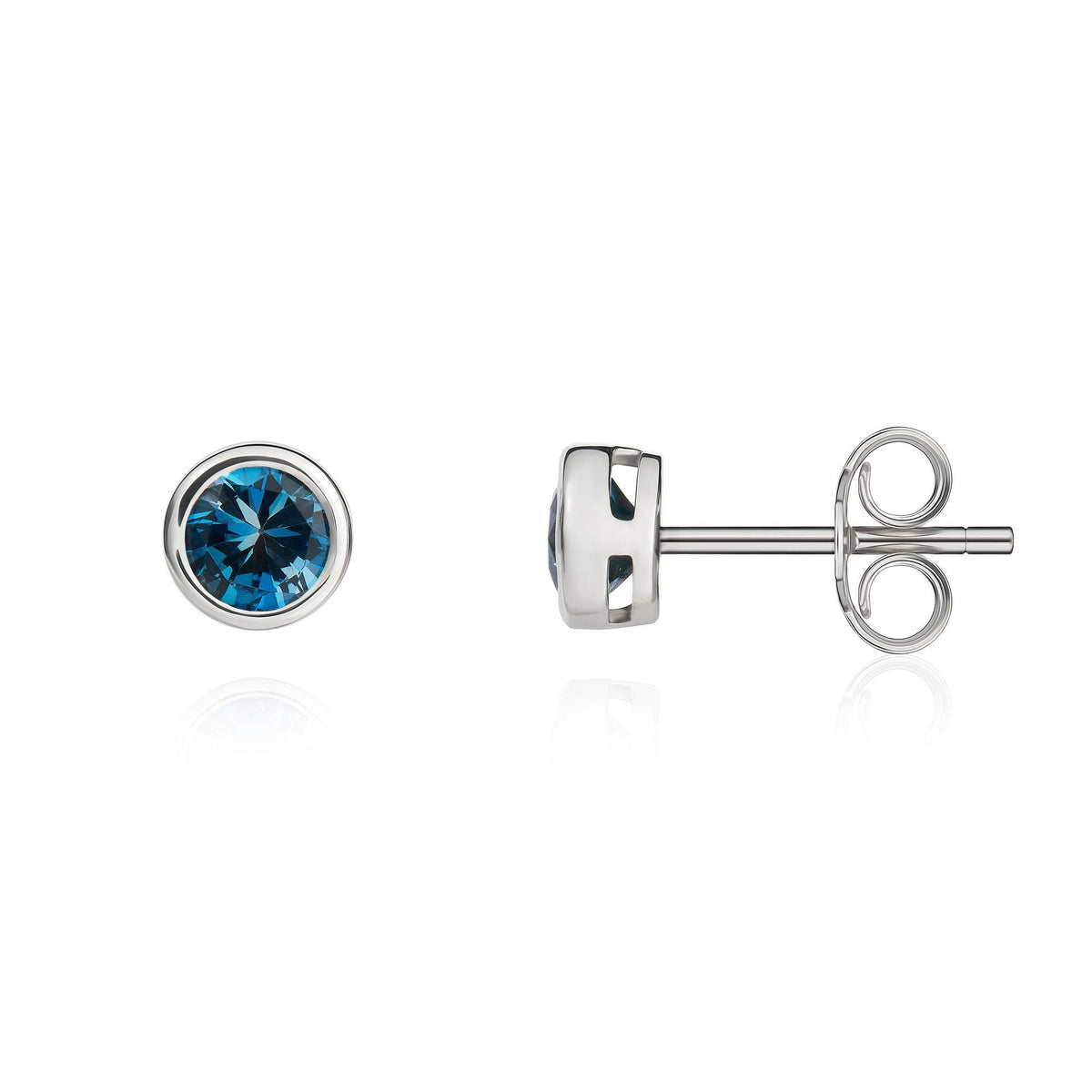 9ct White Gold Round Natural London Blue Topaz Rubover Stud Earrings — 4mm