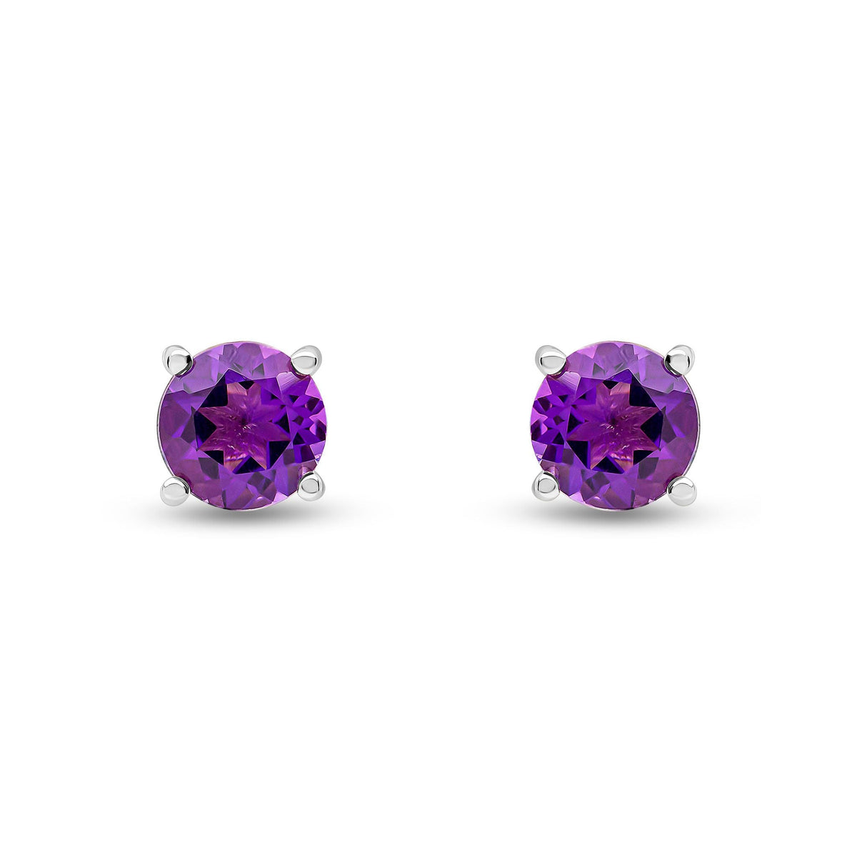 9ct White Gold Round Natural Amethyst Claw Set Stud Earrings — 6mm