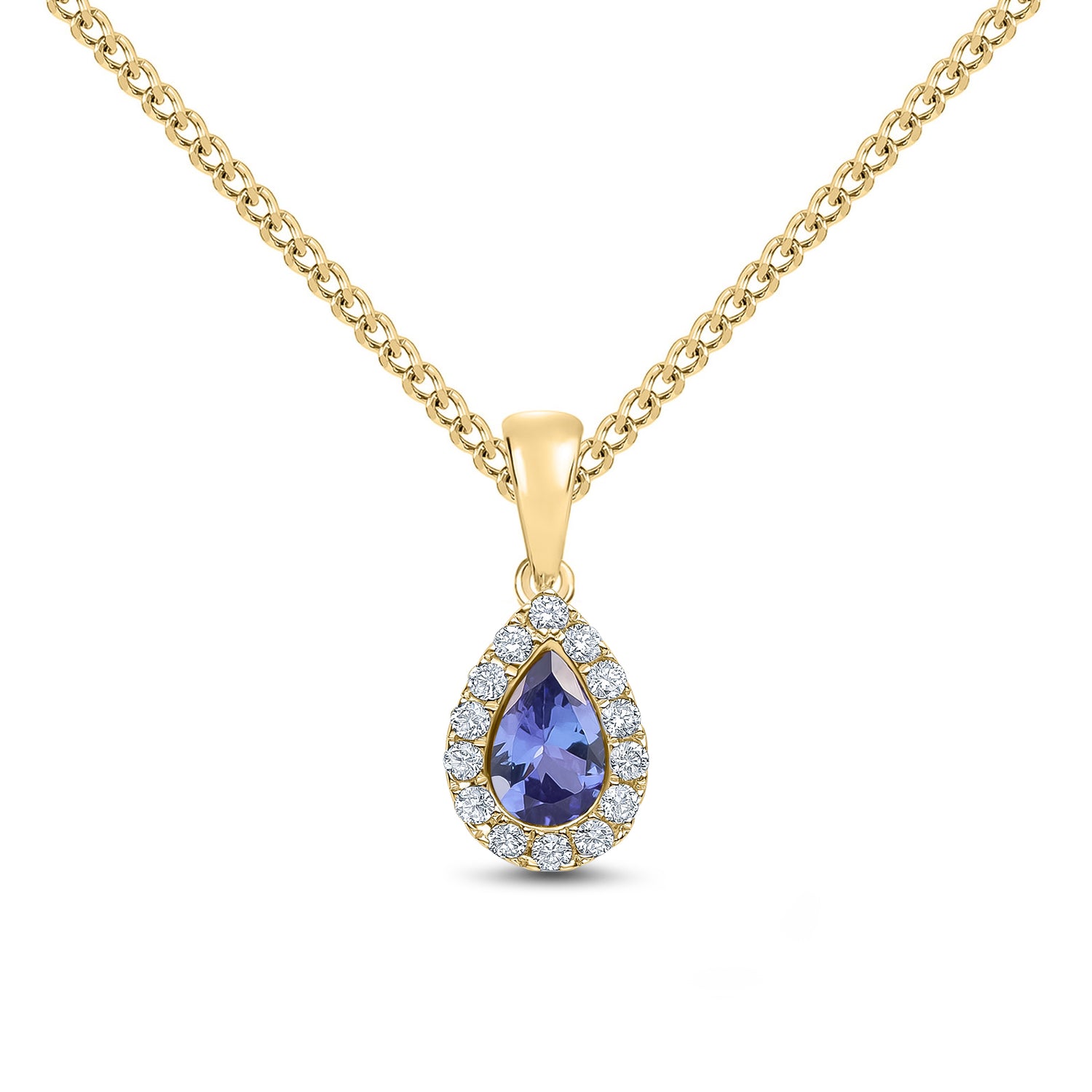 18ct Yellow Gold Pear Shaped Natural Tanzanite and Round Diamond Microset Cluster Pendant — 6x4mm