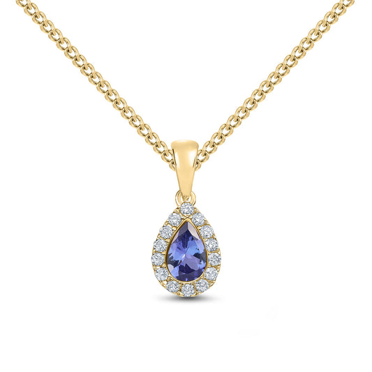18ct Yellow Gold Pear Shaped Natural Tanzanite and Round Diamond Microset Cluster Pendant — 6x4mm