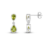 9ct White Gold Pear Shaped Natural Peridot Two Stone Rubover Drop Earrings