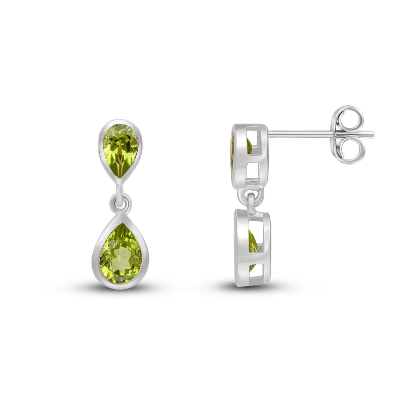 9ct White Gold Pear Shaped Natural Peridot Two Stone Rubover Drop Earrings