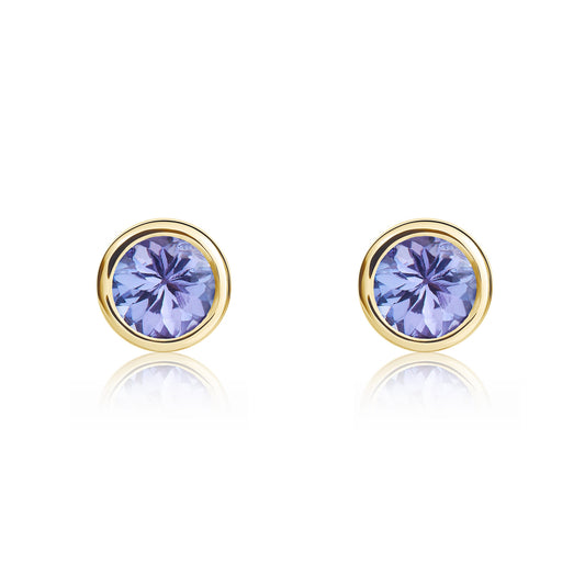 9ct Yellow Gold Round Natural Tanzanite Stud Earrings — 4mm