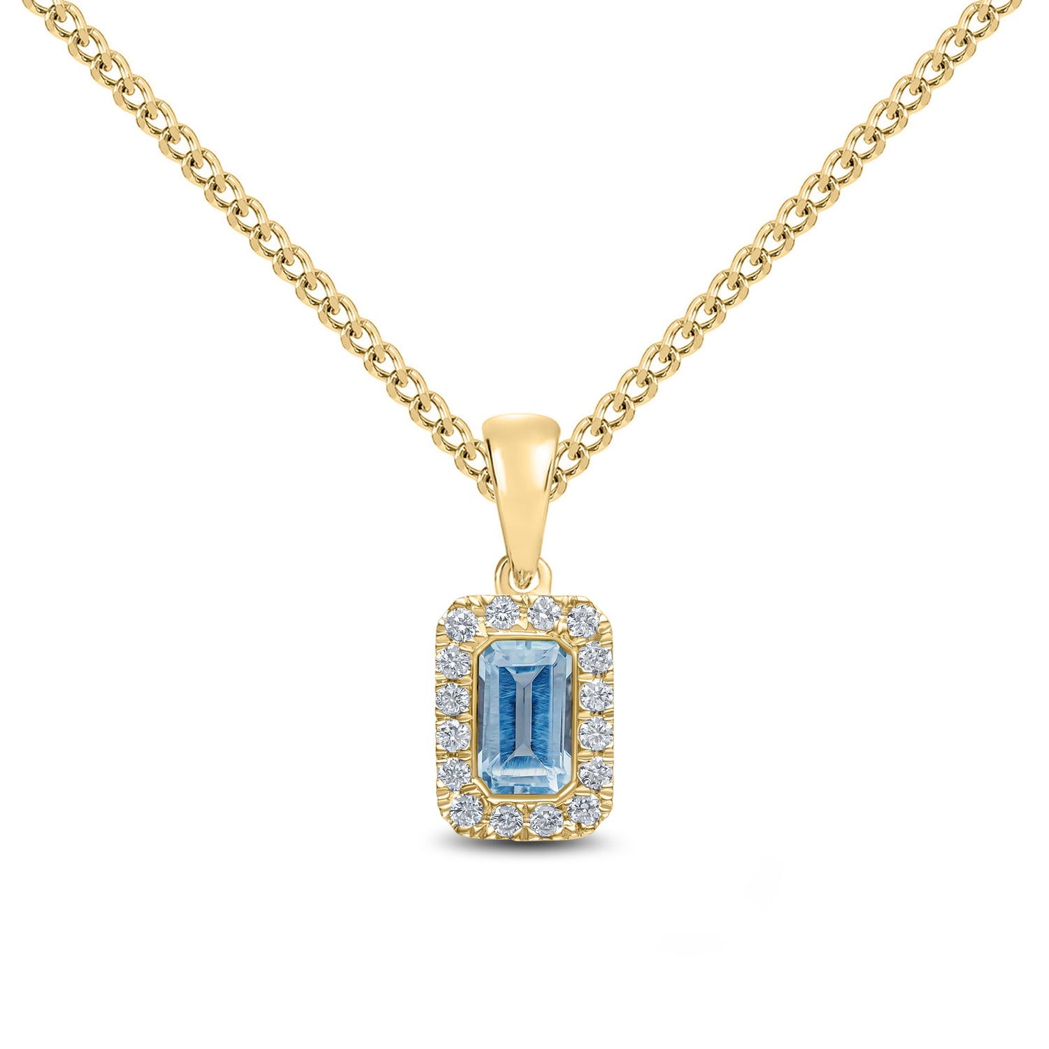 18ct Yellow Gold Octagonal Emerald Cut Natural Aquamarine and Round Diamond Microset Cluster Pendant — 5x3mm