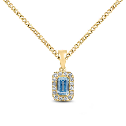 18ct Yellow Gold Octagonal Emerald Cut Natural Aquamarine and Round Diamond Microset Cluster Pendant — 5x3mm