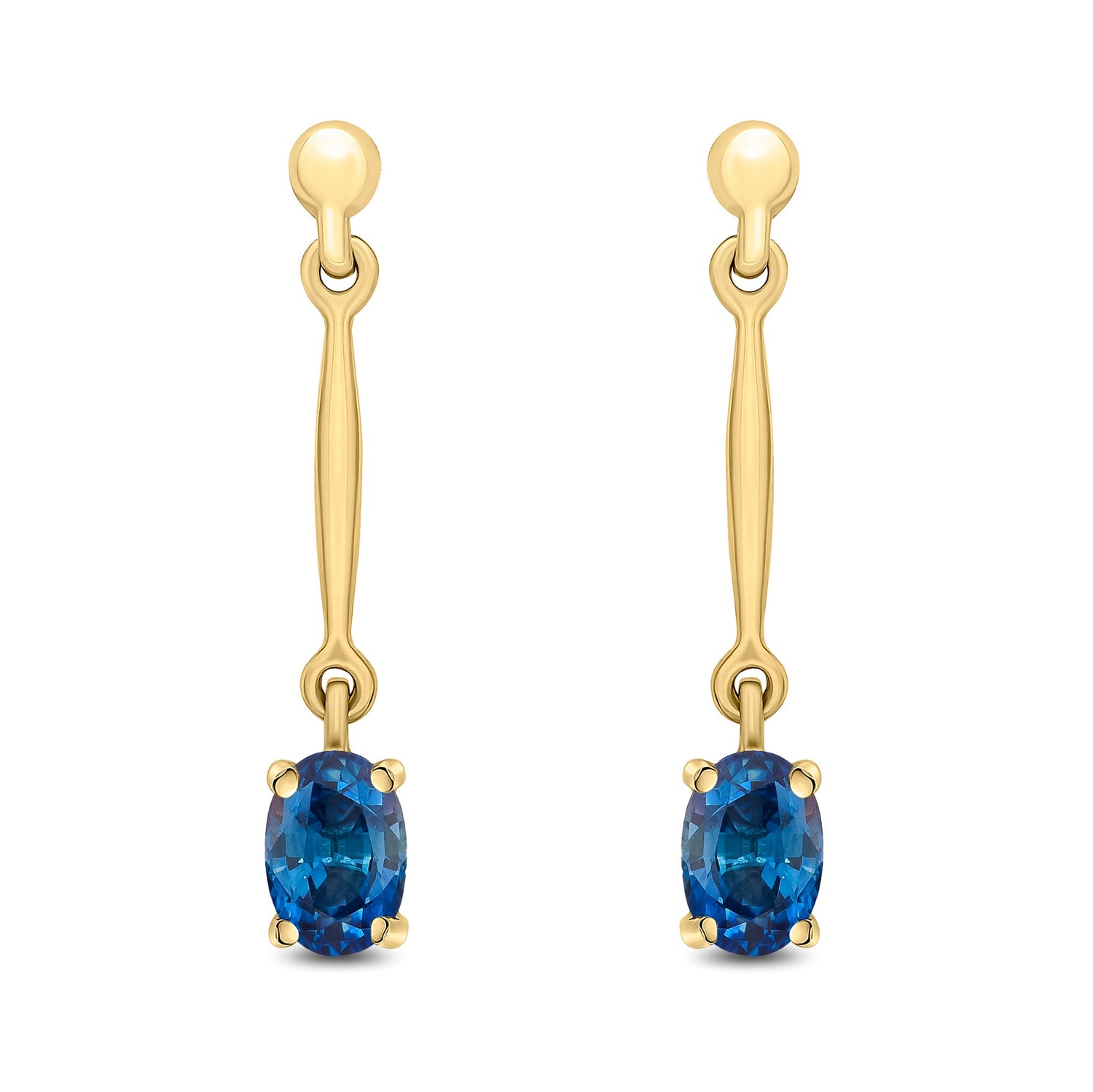 9ct Yellow Gold Oval Natural Sapphire Claw Bar Drop Earrings with Bead Tops — 6x4mm