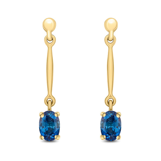 9ct Yellow Gold Oval Natural Sapphire Claw Bar Drop Earrings with Bead Tops — 6x4mm