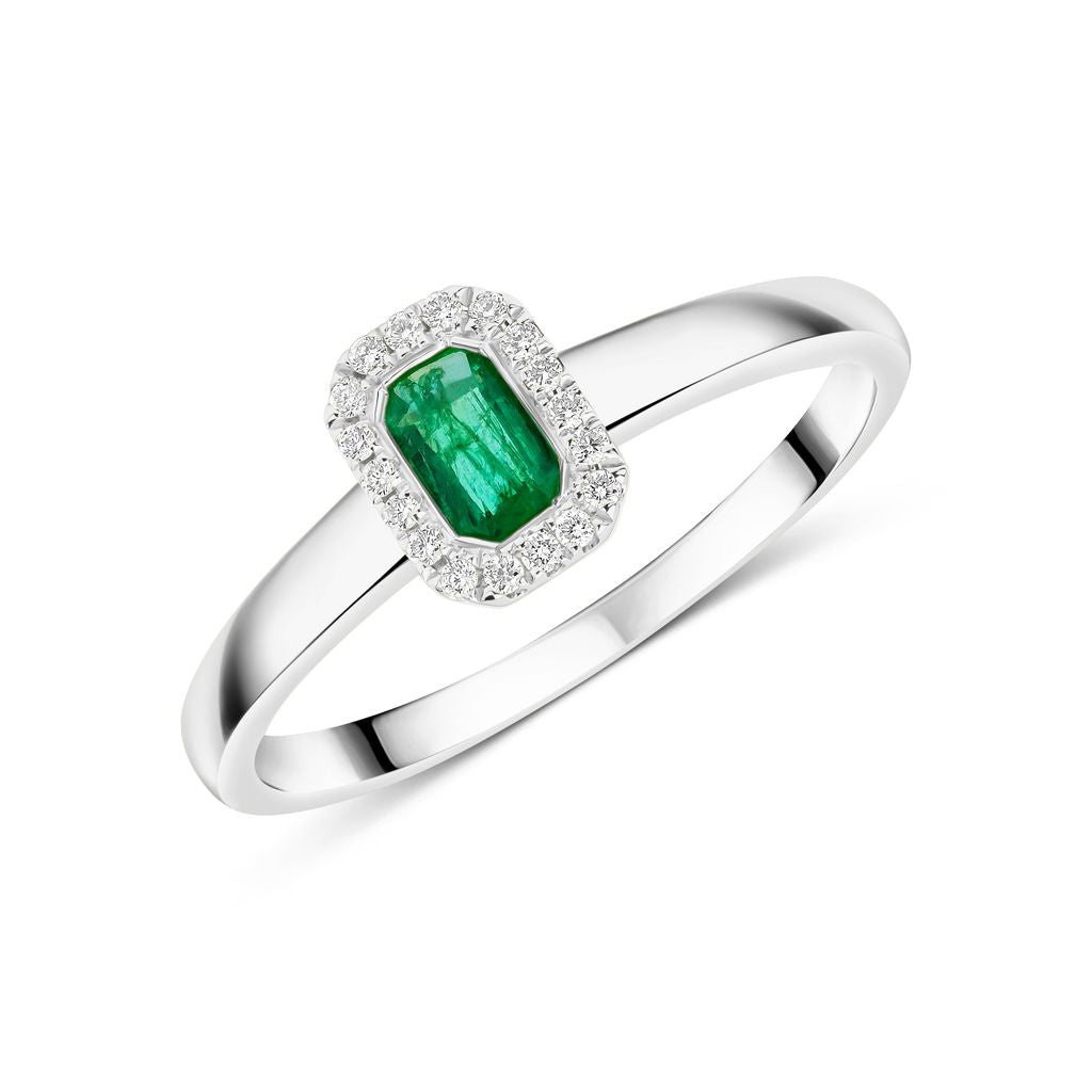 18ct White Gold Emerald Cut Emerald and Diamond Microset Cluster Ring — 5x3mm