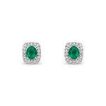 9ct White Gold Oval Natural Emerald & Diamond Cushion Cluster Stud Earrings — 4x3mm