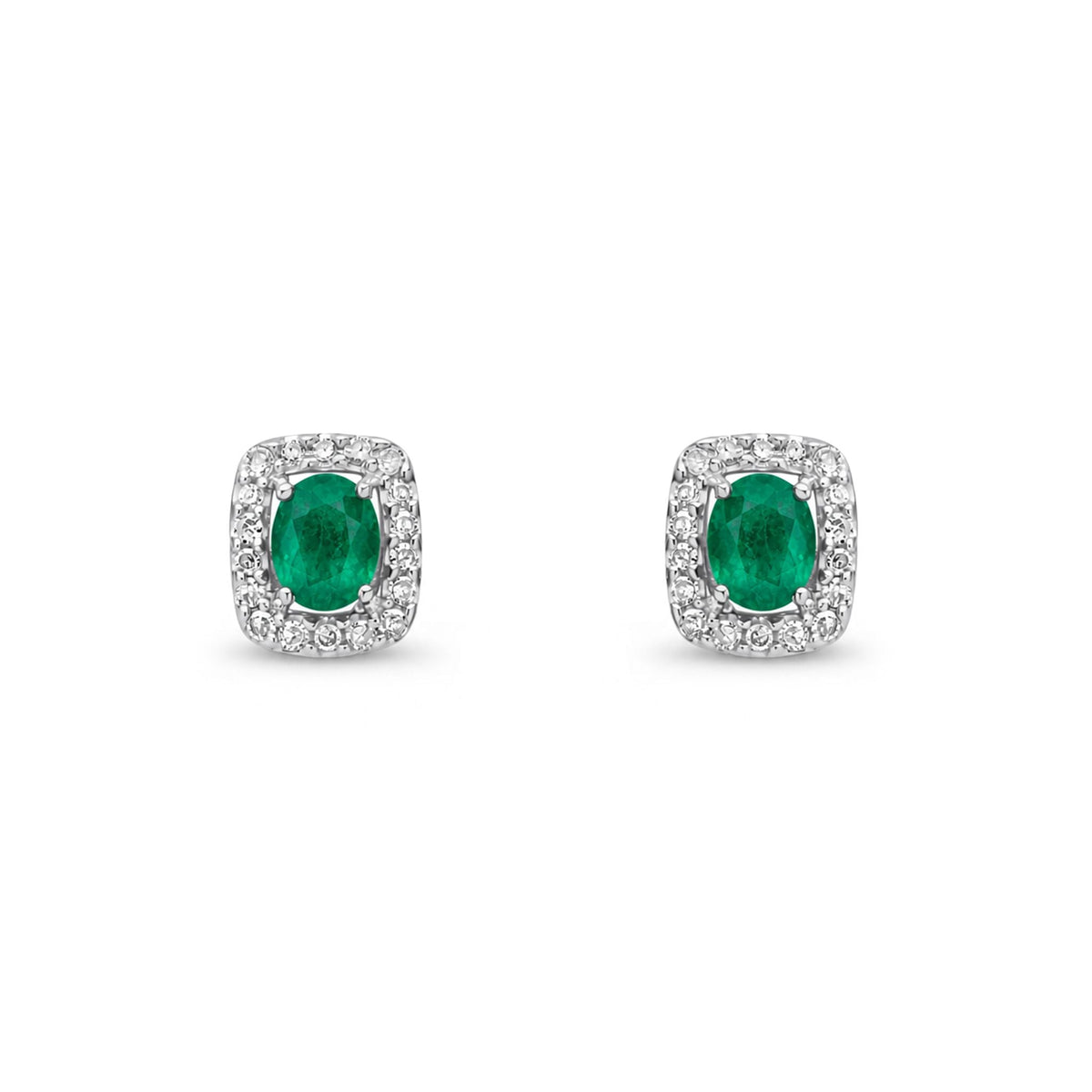 9ct White Gold Oval Natural Emerald & Diamond Cushion Cluster Stud Earrings — 4x3mm