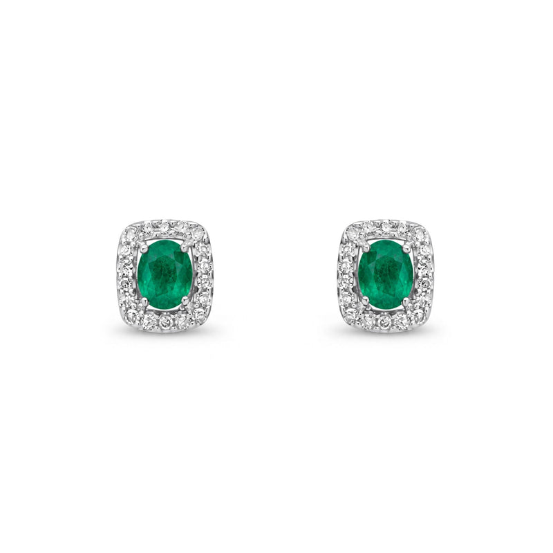 9ct White Gold Oval Natural Emerald & Diamond Cushion Cluster Stud Earrings — 4x3mm