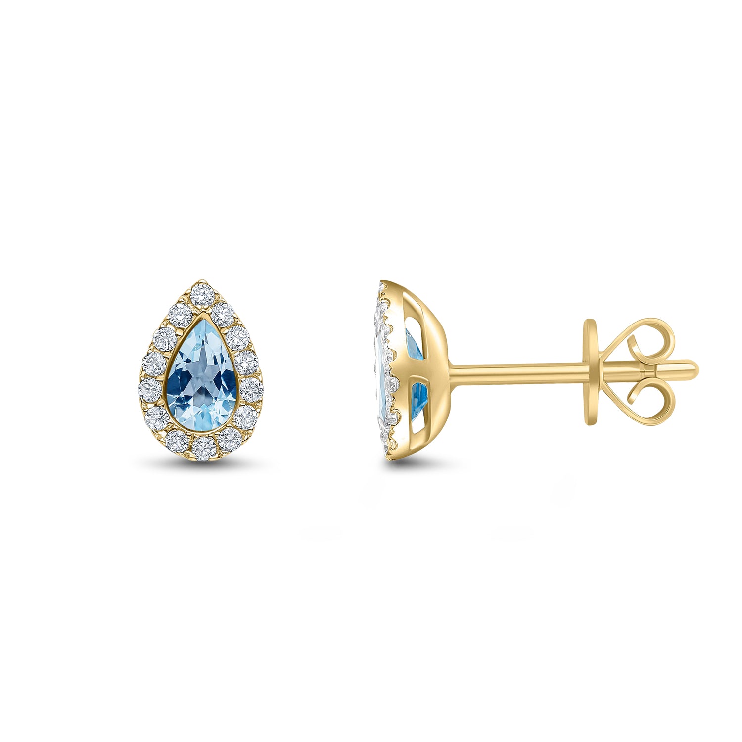 18ct Yellow Gold Pear Shaped Natural Aquamarine and Diamond Cluster Stud Earrings — 5x3mm