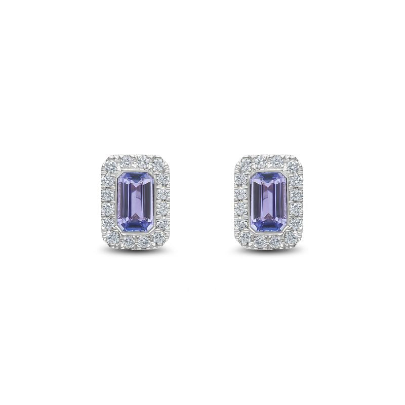 18ct White Gold Octagonal Emerald Cut Natural Tanzanite and Diamond Cluster Earrings — 5x3mm