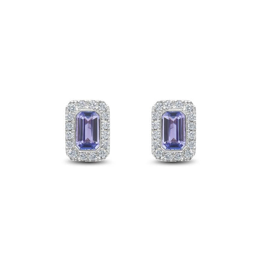18ct White Gold Octagonal Emerald Cut Natural Tanzanite and Diamond Cluster Earrings — 5x3mm