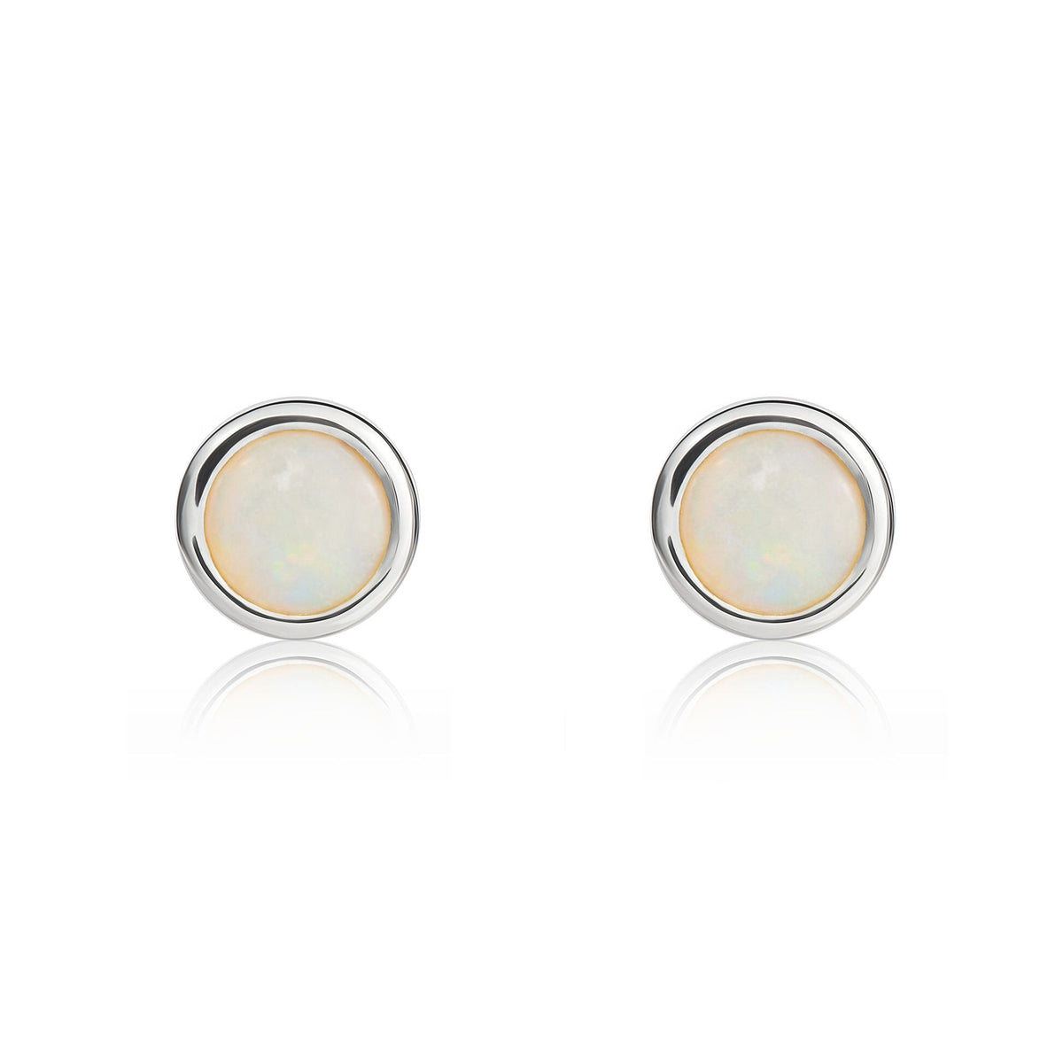 9ct White Gold Round Natural Opal Rubover Stud Earrings — 4mm