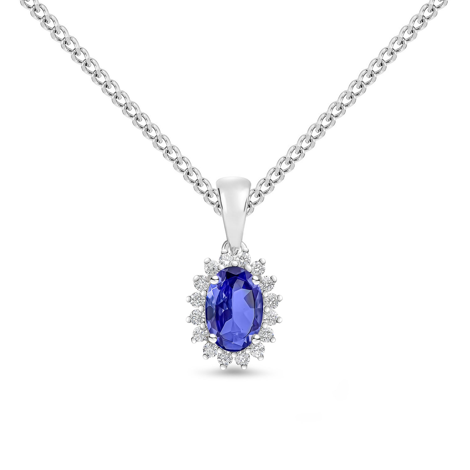 18ct White Gold Oval Natural Tanzanite and Round Diamond Claw Set Cluster Pendant — 6x4mm