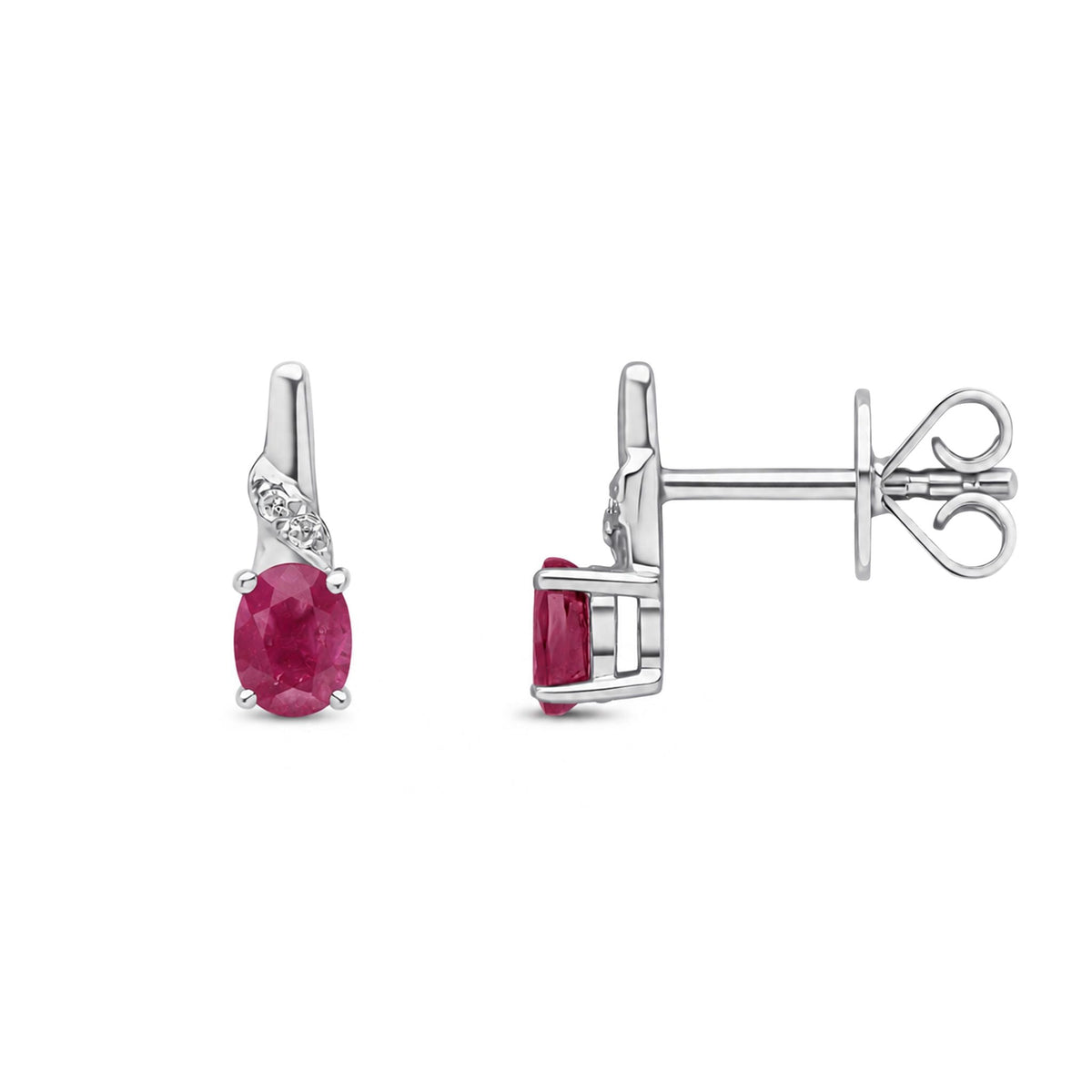 9ct White Gold Oval Natural Ruby & Diamond Drop Earrings — 4x3mm