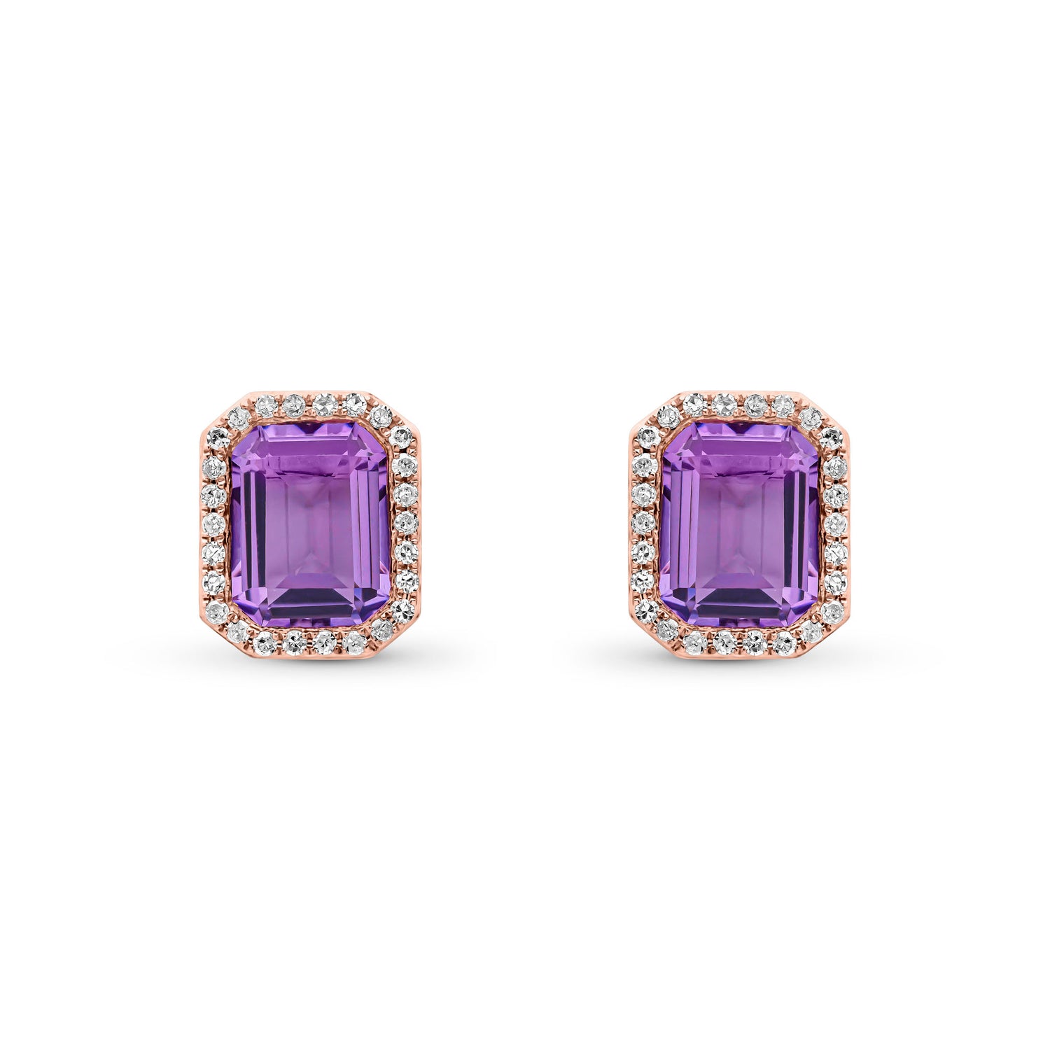 9ct Rose Gold Octagonal Natural Amethyst and Round Diamond Halo Stud Earrings