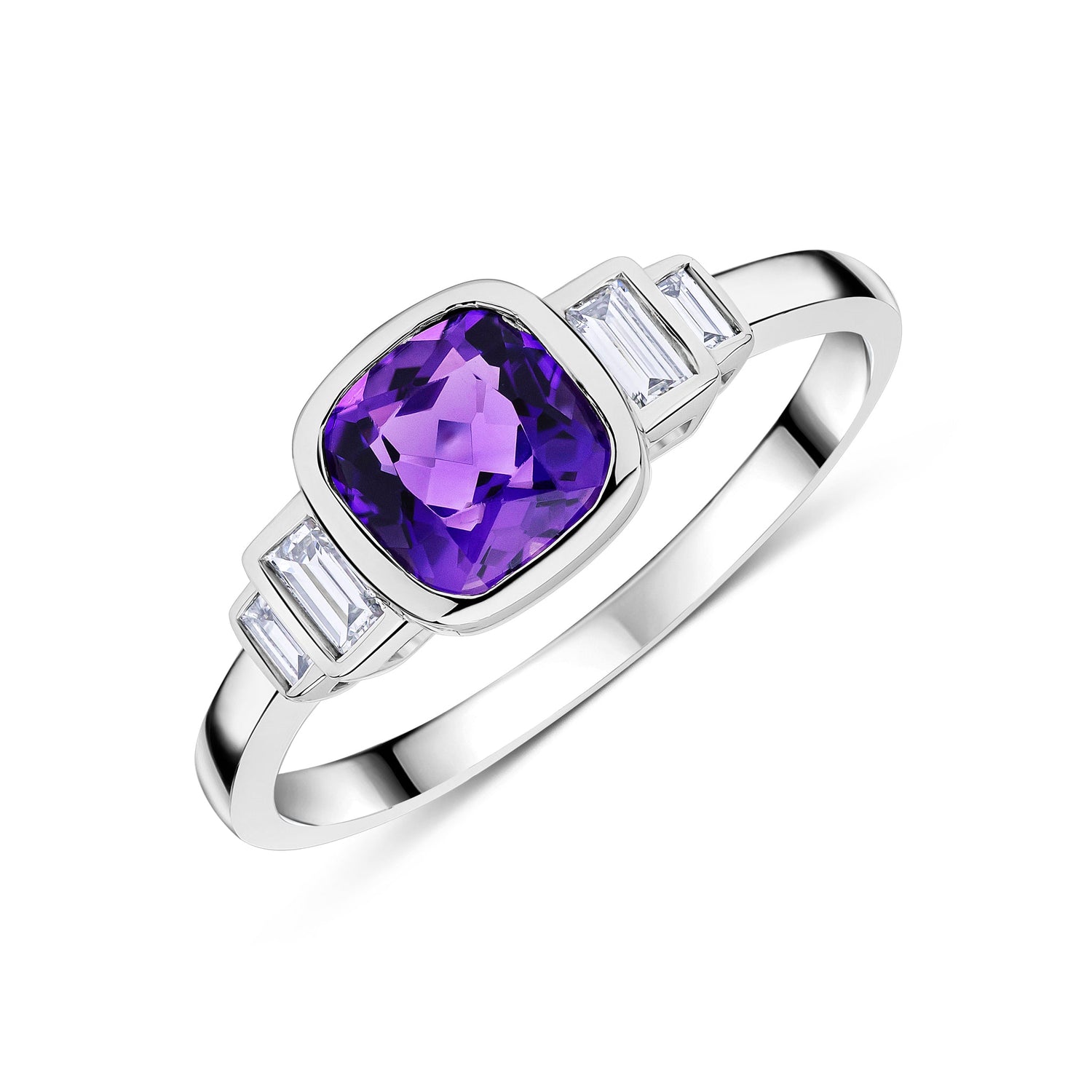9ct White Gold Cushion Natural Amethyst and Baguette Diamond Stepped Shoulder Ring — 6mm