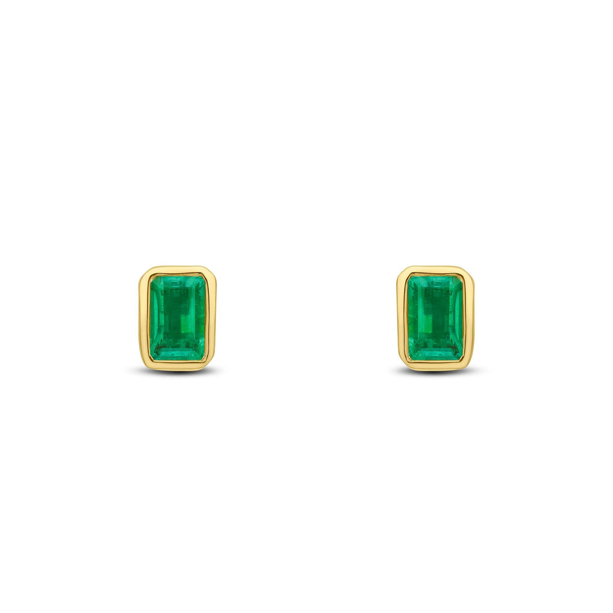 9ct Yellow Gold Octagonal Emerald Cut Natural Emerald Rubover Stud Earrings — 5x3mm