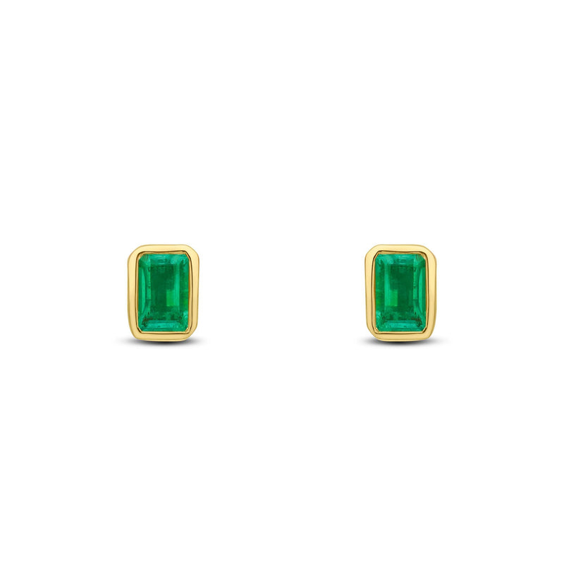 9ct Yellow Gold Octagonal Emerald Cut Natural Emerald Rubover Stud Earrings — 5x3mm