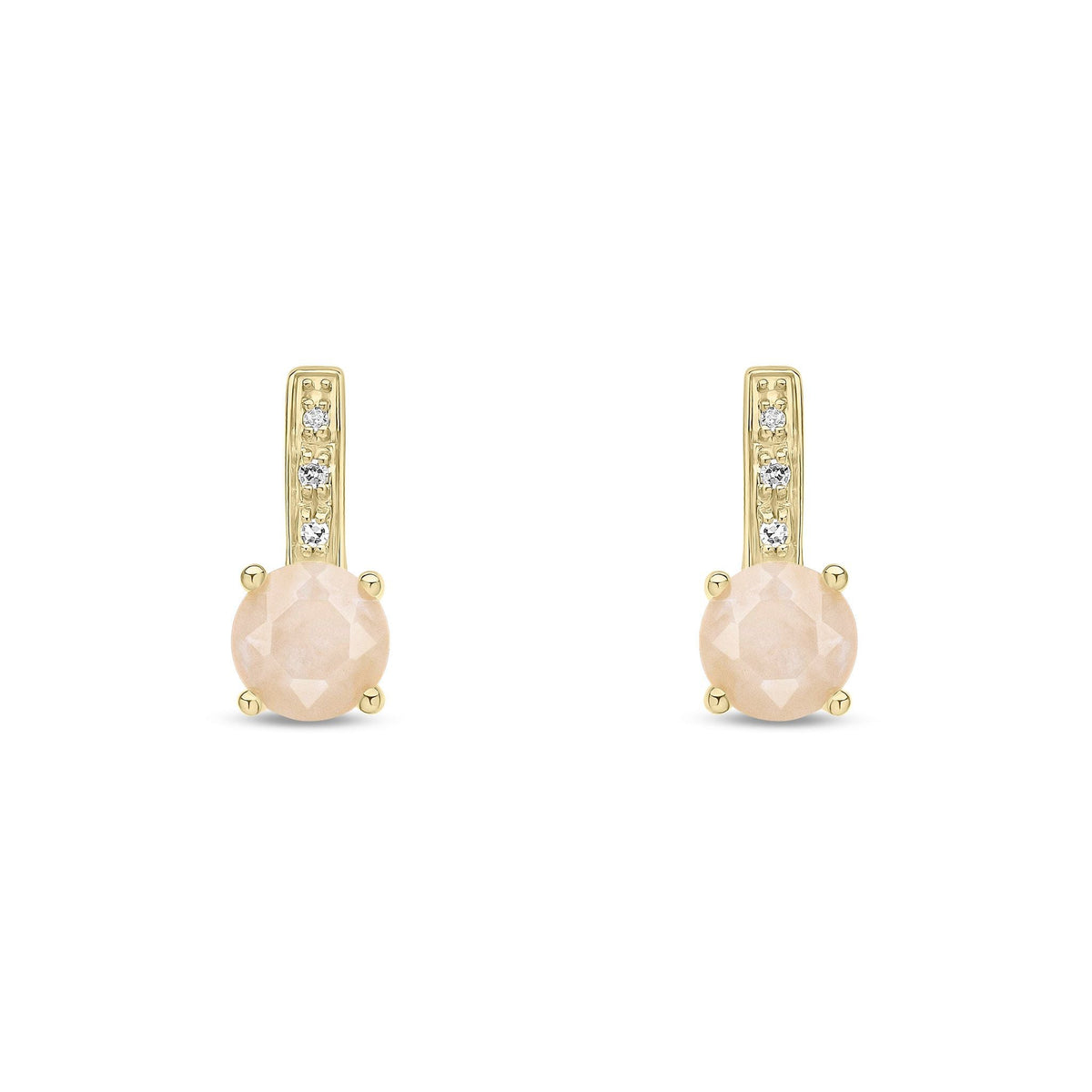 9ct Yellow Gold Round Natural Pink Opal & Diamond Drop Earrings — 5mm
