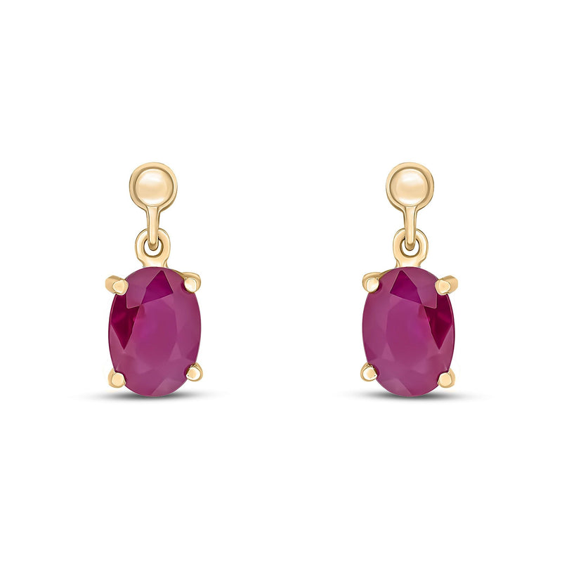 9ct Yellow Gold Oval Natural Ruby Claw Drop Earrings — 7x5mm