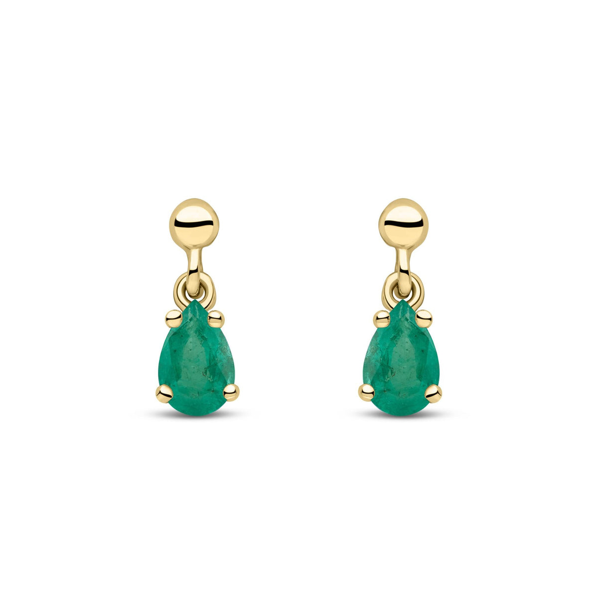 9ct Yellow Gold Pear Shaped Natural Emerald Claw Drop Earrings — 6x4mm