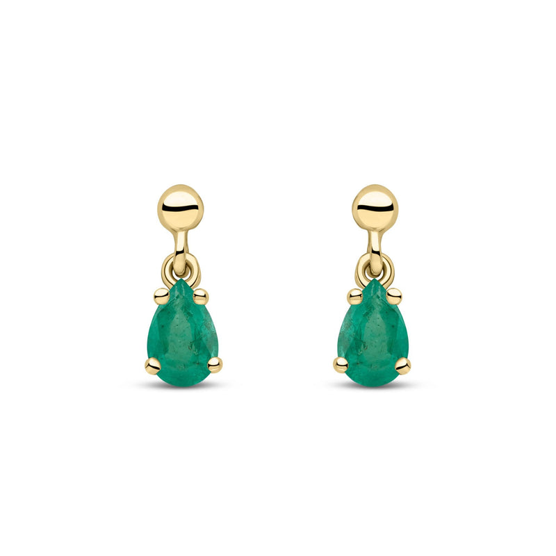 9ct Yellow Gold Pear Shaped Natural Emerald Claw Drop Earrings — 6x4mm